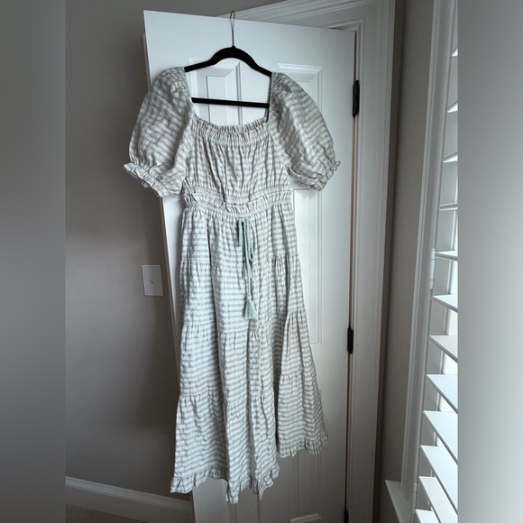 Smocked Puff-Sleeve Maxi Dress in Light Sage Stripe - Picture 2 of 4